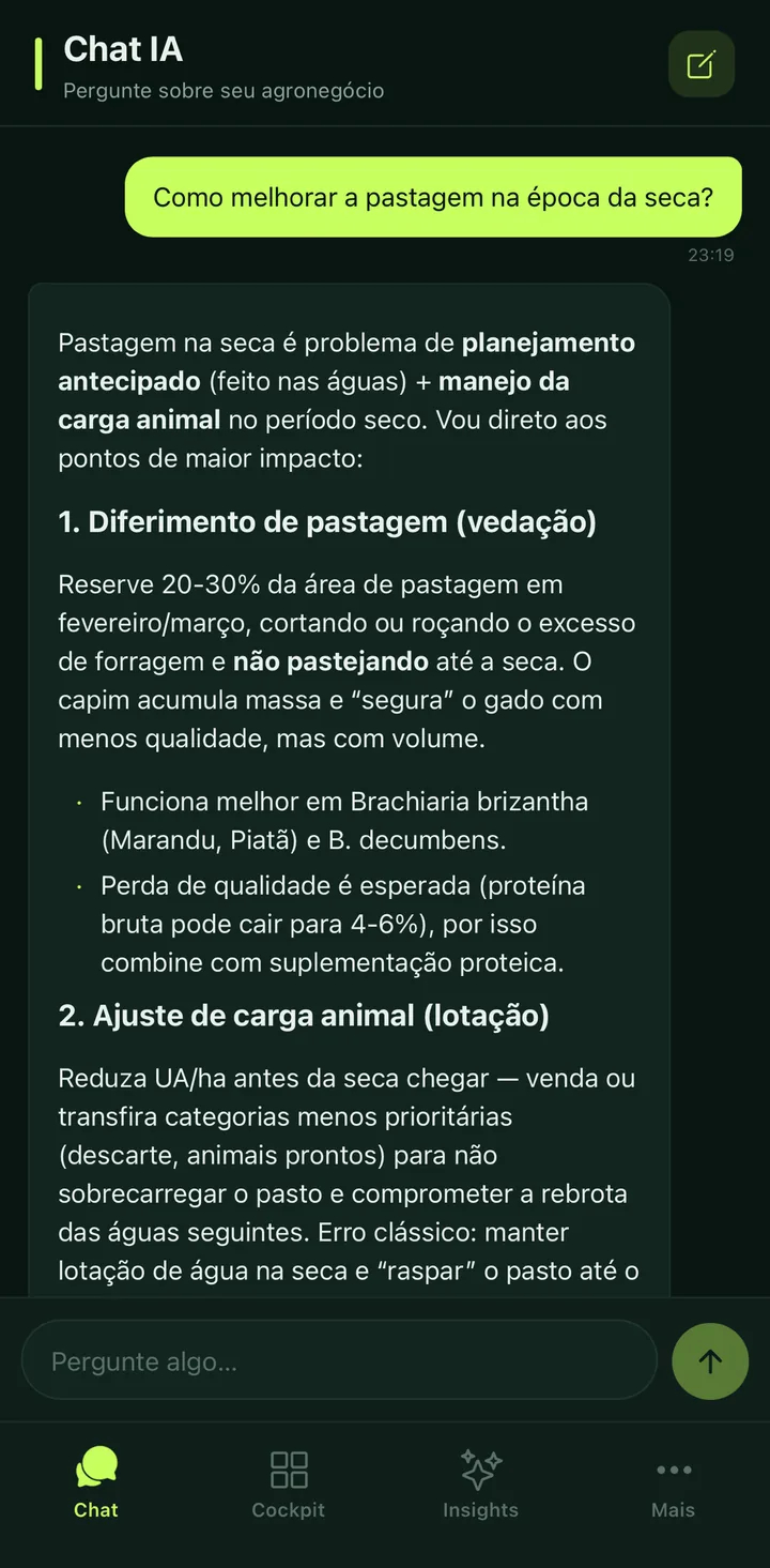 Tela Chat IA do app Rumo IA: a pergunta “Como melhorar a pastagem na época da seca?” e a resposta da IA com diferimento de pastagem e ajuste de lotação.