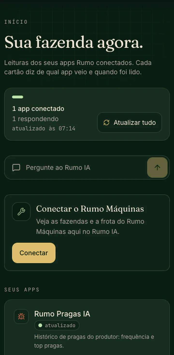 Tela Início do Rumo IA: “Sua fazenda agora.”, com o resumo dos apps conectados, a caixa “Pergunte ao Rumo IA”, o convite para conectar o Rumo Máquinas e o Rumo Pragas IA em “Seus apps”.