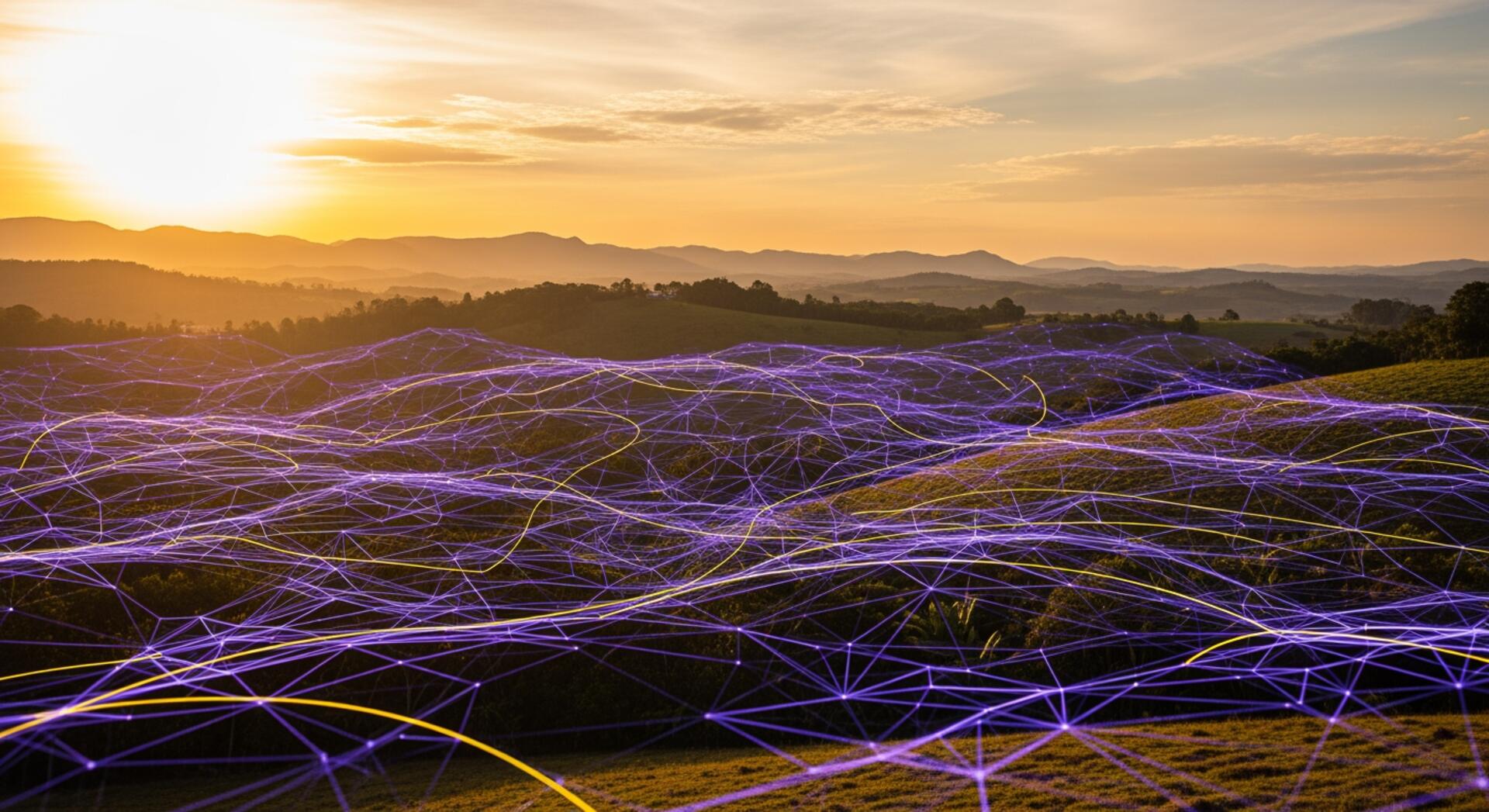 Produtor brasileiro consultando dashboard da fazenda em hora dourada, campo ao fundo